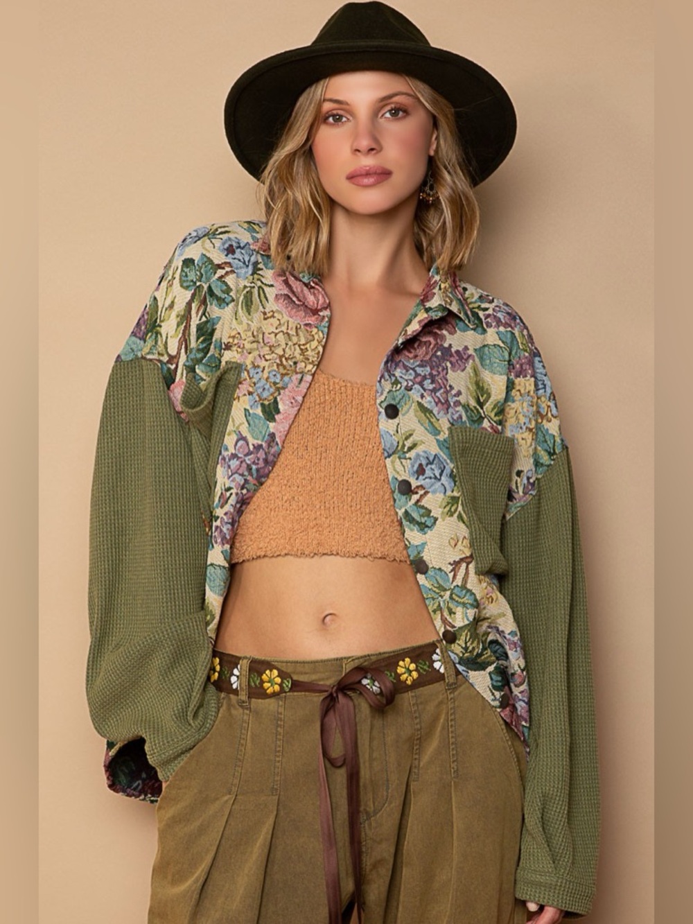 POL Olive Floral Panel Utility Jacket with Tan Accents